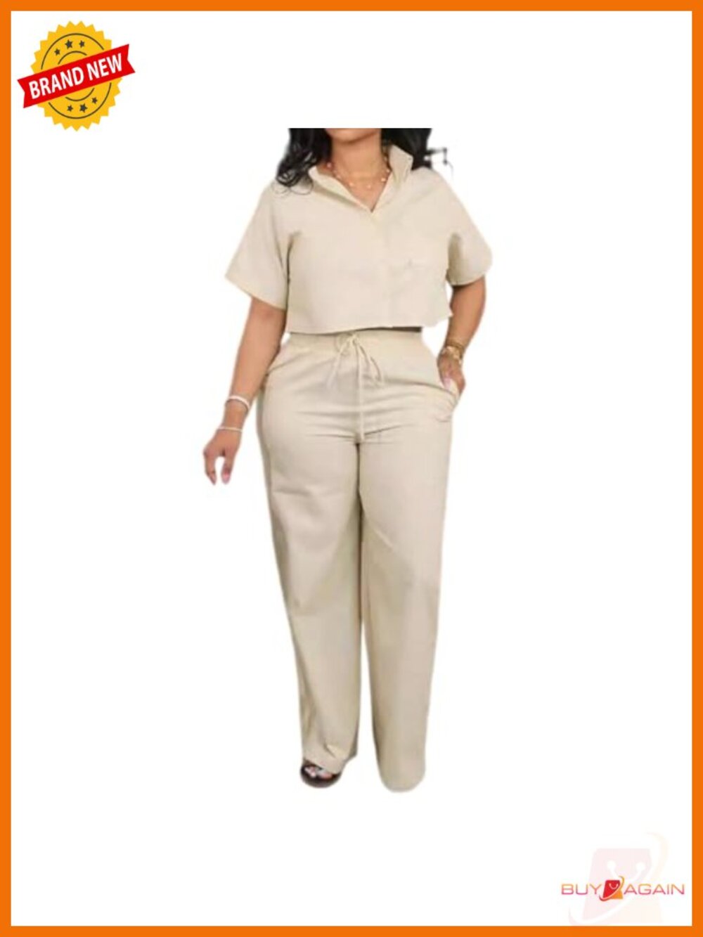 2 Piece Linen Crop Top & Wide Leg Pants Set Short Sleeve Button Down Tracksuit